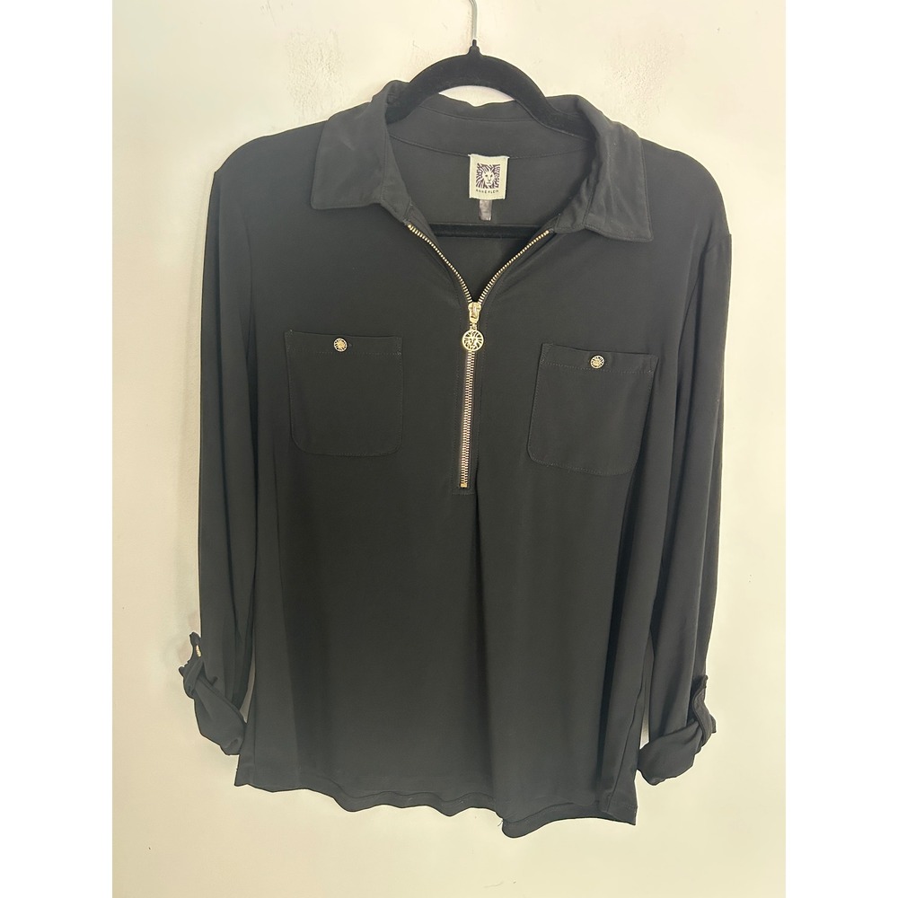 Anne Klein Womens Black Quarter Zip Roll Tab Sleeve‎ Blouse Gold Lion Logo Large